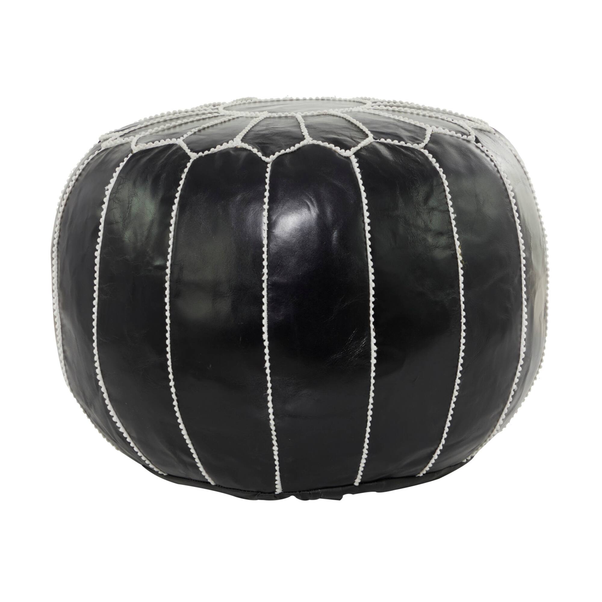 24" Black Leather Moroccan Floral Pouf with White Stitching